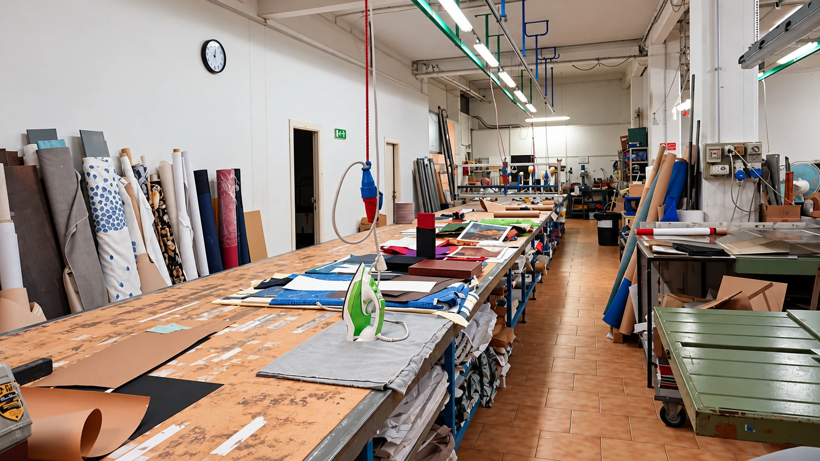 Il grande tavolo di lavoro con tessuti e materiali nel laboratorio Campionaria F. Petrosemolo